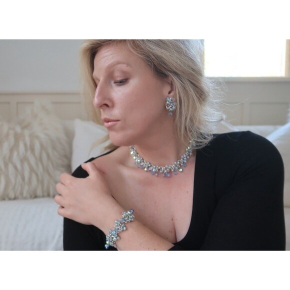 Vintage Coro 3 PC Set Demi-Parure Blue AB Auroa Borealis Dangle Bead Silver Tone - Picture 6 of 16